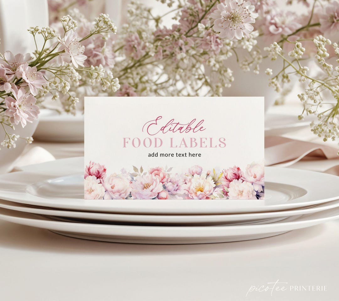 Pink Floral Food Label Card Template, Editable Food Tent Cards Folded ...