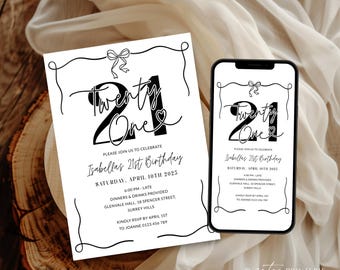 Minimalist Black And White Party 21st Birthday Invitation, Hand Drawn Bow 21 Party Invite for Her Printable, Editable Whimsical, Corjl PP88