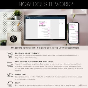 May include: A digital illustration of a computer screen showing a template for a weekend events planner. The template is pink and white with the text "Weekend Events" and "Let's Go Girls". The image also shows a shopping cart icon, a download icon, and a printer icon. The text "How Does It Work?" is at the top of the image.