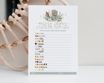 Emoji Pictionary Baby Shower, Nursery Rhymes Emoji Pictionary, Sage Green Bear, Baby Emoji Game, Boho Teddy Bear, Gender Neutral, Corjl PP51