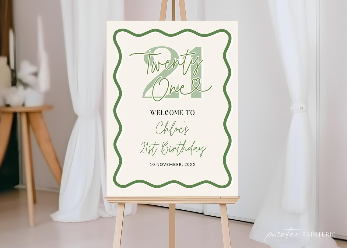 Green Wavy Welcome Sign 21st Birthday Template Girl, Sage Scallop ...