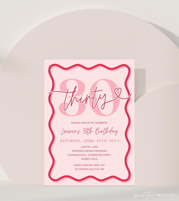 Pink Coral Wavy Border 30th Birthday Invitation Women, Scalloped 30th Party Invite for Her Printable, Editable Thirty Digital, Corjl PP84