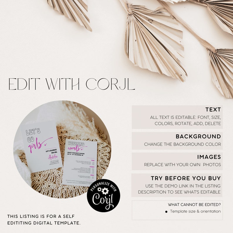 May include: A digital template for a printable invitation with the text "Let's go girls" and "Weekend events" in pink and black text. The template is editable using the Corjl website.