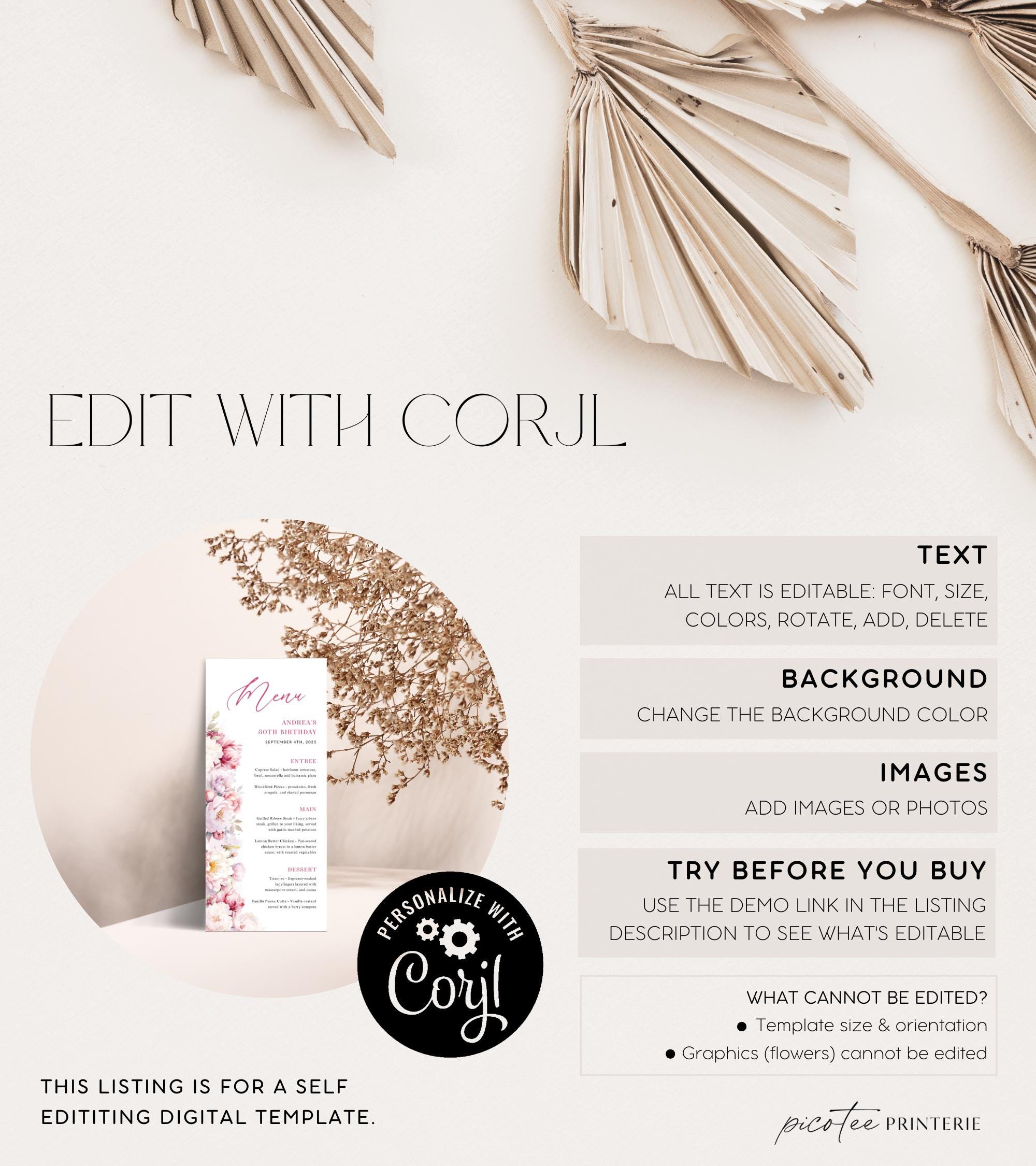 Pink Floral Dinner Menu Card Printable Template, Modern Flowers ...
