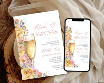 Floral Mom's and Mimosa's Mother's Day Invitation Printable, Mothers Day Champagne Bubbly and Brunch Invite, Editable Digital, Corjl PP83