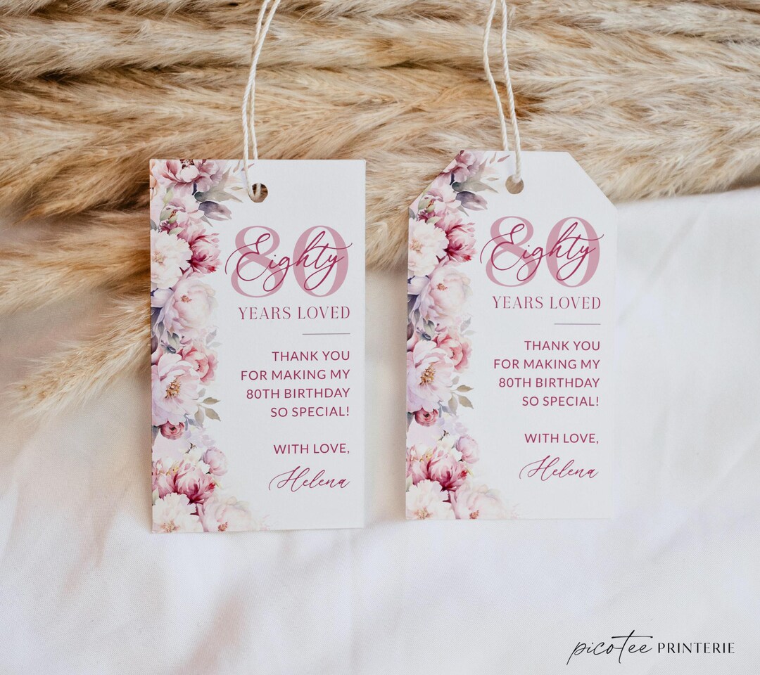 Tag 80 Sticker Pink Floral Thank You Gift Tag 80th Birthday Favor Printable, 80 Years ...