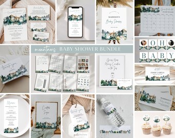 Mountain Baby Shower Bundle, Printable Adventure Begins Shower Invitation Set, Forest Woodland, Rustic, Editable Games Bundle, Corjl PP58