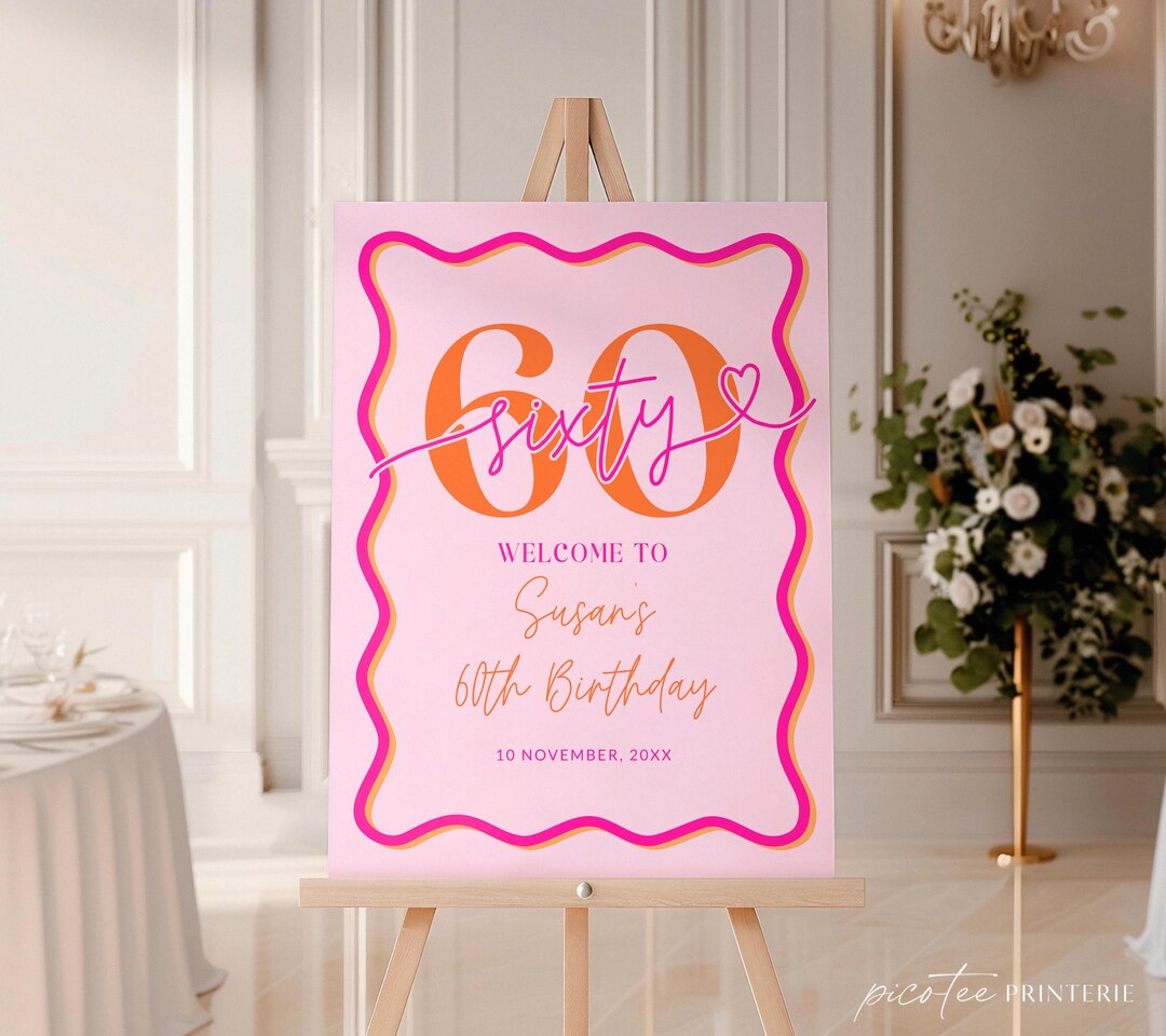Wavy Border Welcome Sign 60th Birthday for Her, Pink Orange 60th ...