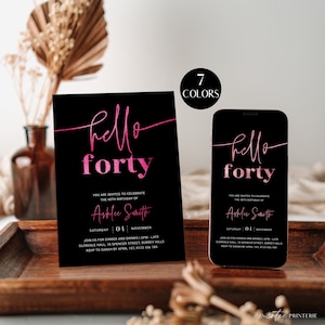 40th Birthday Party Invitation For Her, Printable Women 40th Birthday Invite, Hello Forty Editable Template Woman, Black Pink, Corjl PP66
