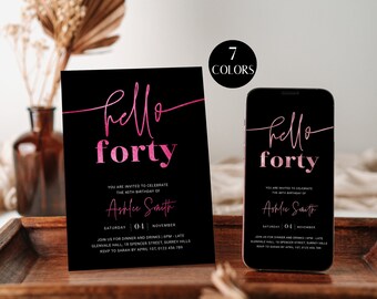 40th Birthday Party Invitation For Her, Printable Women 40th Birthday Invite, Hello Forty Editable Template Woman, Black Pink, Corjl PP66