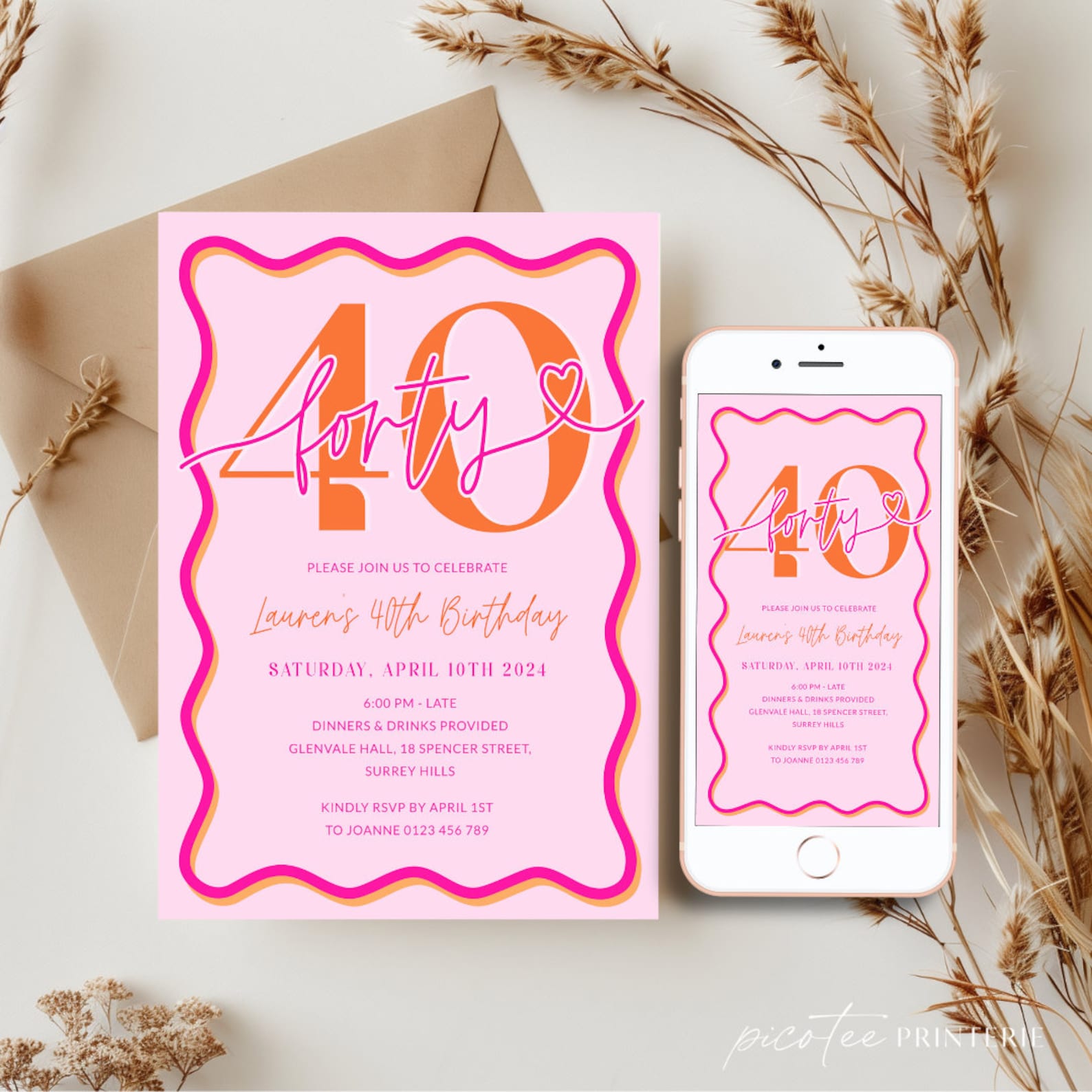 Pink Wavy Border 40th Birthday Invitation Women, Scalloped 40th Party ...