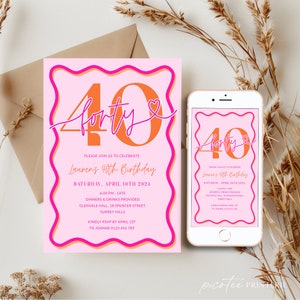 Pink Wavy Border 40th Birthday Invitation Women, Scalloped 40th Party Invite for Her Printable, Modern Editable Forty Digital, Corjl PP84