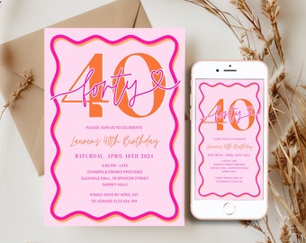 Pink Wavy Border 40th Birthday Invitation Women, Scalloped 40th Party Invite for Her Printable, Modern Editable Forty Digital, Corjl PP84