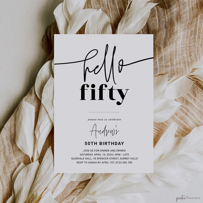 Puede incluir: Una tarjeta de invitaci&oacute;n blanca con texto negro. El texto dice "hello fifty" y "Andrew's 50th Birthday". La invitaci&oacute;n incluye detalles para una cena y bebidas el 10 de abril de 2024, en Glenvale Hall en Surrey Hills.