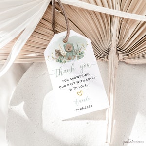 Bear Baby Shower Thank You Tags, Bear Favor Tag, Boho Baby Shower Favors, Teddy Bear Theme, Gift Tag, Bearly Wait, Sage Green, Corjl PP51
