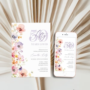 Floral 50 Years Loved Birthday Invitation Template, Wildflower 50th Birthday Invitation Women, Elegant Invite for Her, Fifty, Corjl PP73