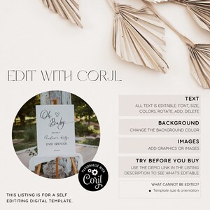 Op de afbeelding: Een digitaal sjabloon voor een babyshower-bord. Het bord is wit met zwarte tekst die "Oh Baby" en "Welkom op de babyshower van Thelios Kelly" luidt. Het bord staat op een houten ezel en is omgeven door groen. De tekst "Edit with Corjl" staat bovenaan de afbeelding. De tekst "Personalize with Corjl" staat onderaan de afbeelding.