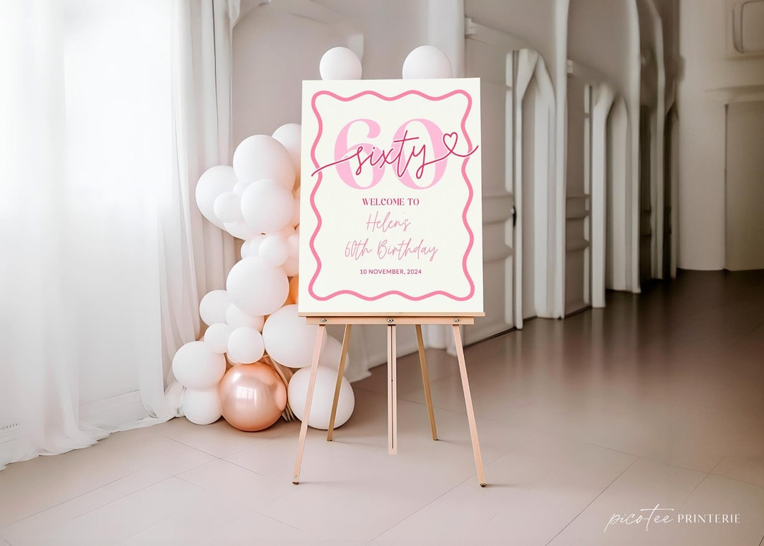 60th Birthday Wavy Border Welcome Sign for Her Template, Pink Scalloped ...