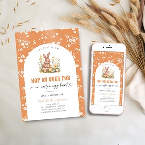 Yellow Easter Egg Hunt Invitation Printable, Arch Easter Celebration Invite Digital, Editable Hop On Over, Spring Easter Bunny, Corjl PP82