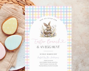 Pastel Rainbow Easter Egg Hunt Brunch Invitation Template, Printable Easter Celebration Invite, Gingham Plaid Spring, Editable, Corjl PP82