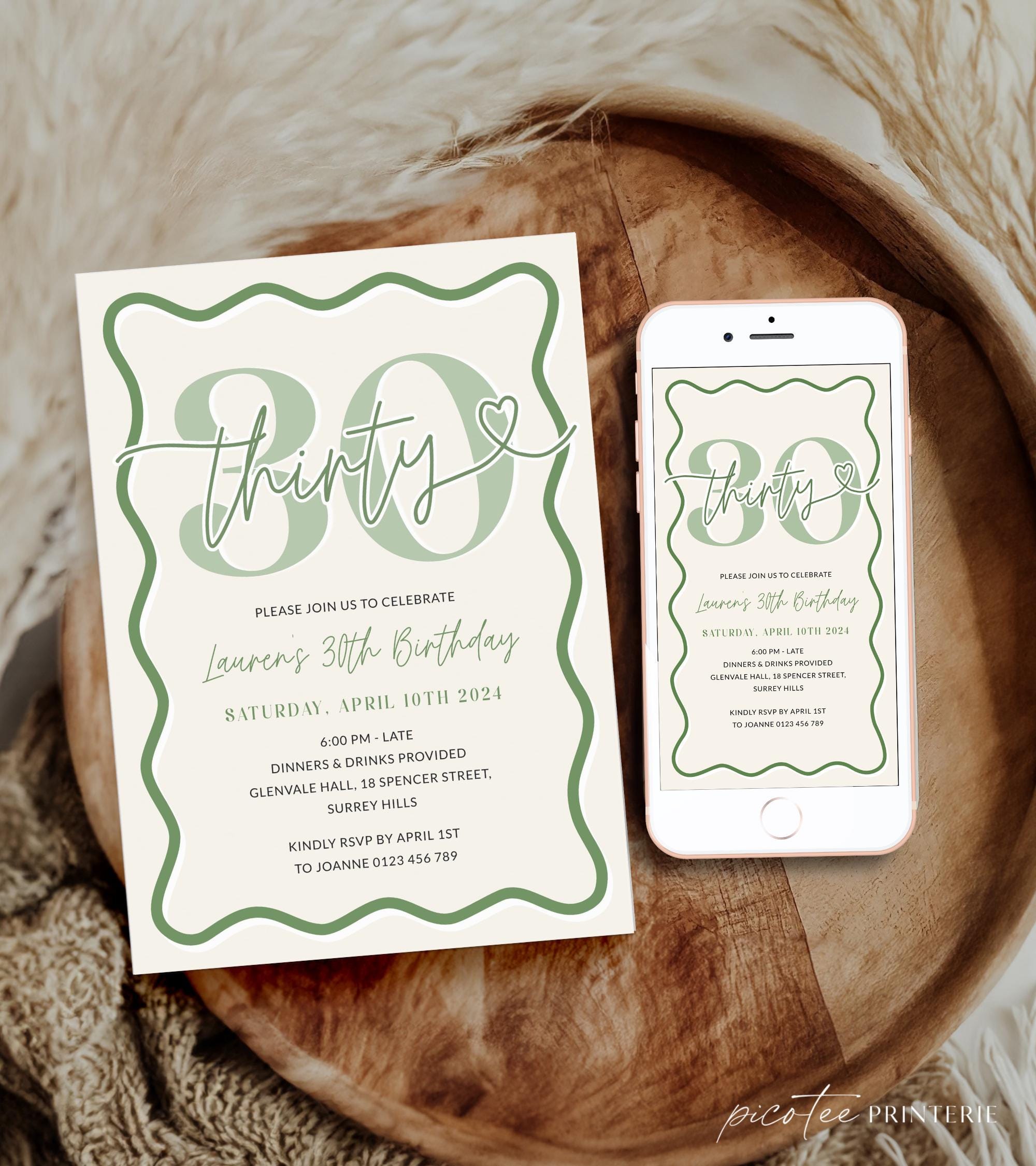Green Wavy Border 30th Birthday Invitation Women, Modern Scalloped 30th ...