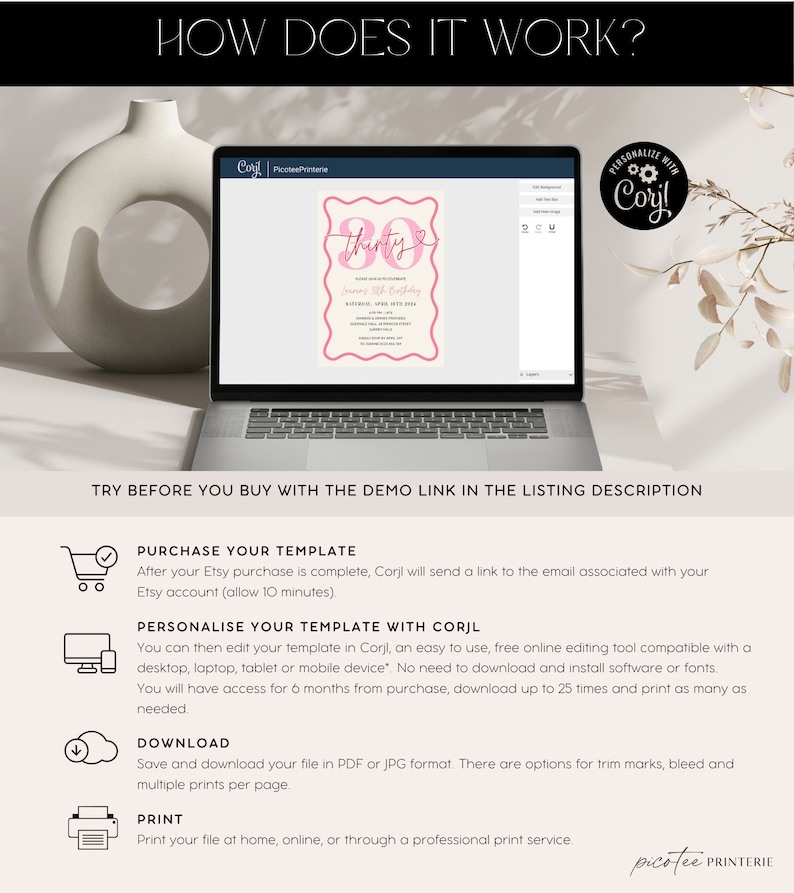 Puede incluir: Una plantilla de invitaci&oacute;n imprimible rosa y blanca para una fiesta de cumplea&ntilde;os n&uacute;mero 30. La plantilla est&aacute; dise&ntilde;ada con un coraz&oacute;n rosa y el texto "thirty" en una fuente de letra cursiva rosa. La plantilla est&aacute; disponible para su compra y se puede editar e imprimir utilizando la herramienta de edici&oacute;n en l&iacute;nea Corjl.