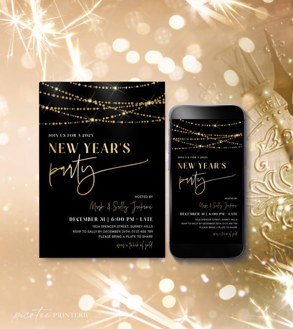 New Years Eve Invitation Template for 2026, Gold Lights NYE Party Invite, Digital and Printable Holiday Celebration Download, Editable Corjl
