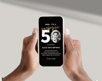 Surprise 50th Birthday Invitation For Him Digital, Minimalist Men Fifty Photo Evite, Shhh It's A Surprise, Electronic, Black Gold Corjl PP64