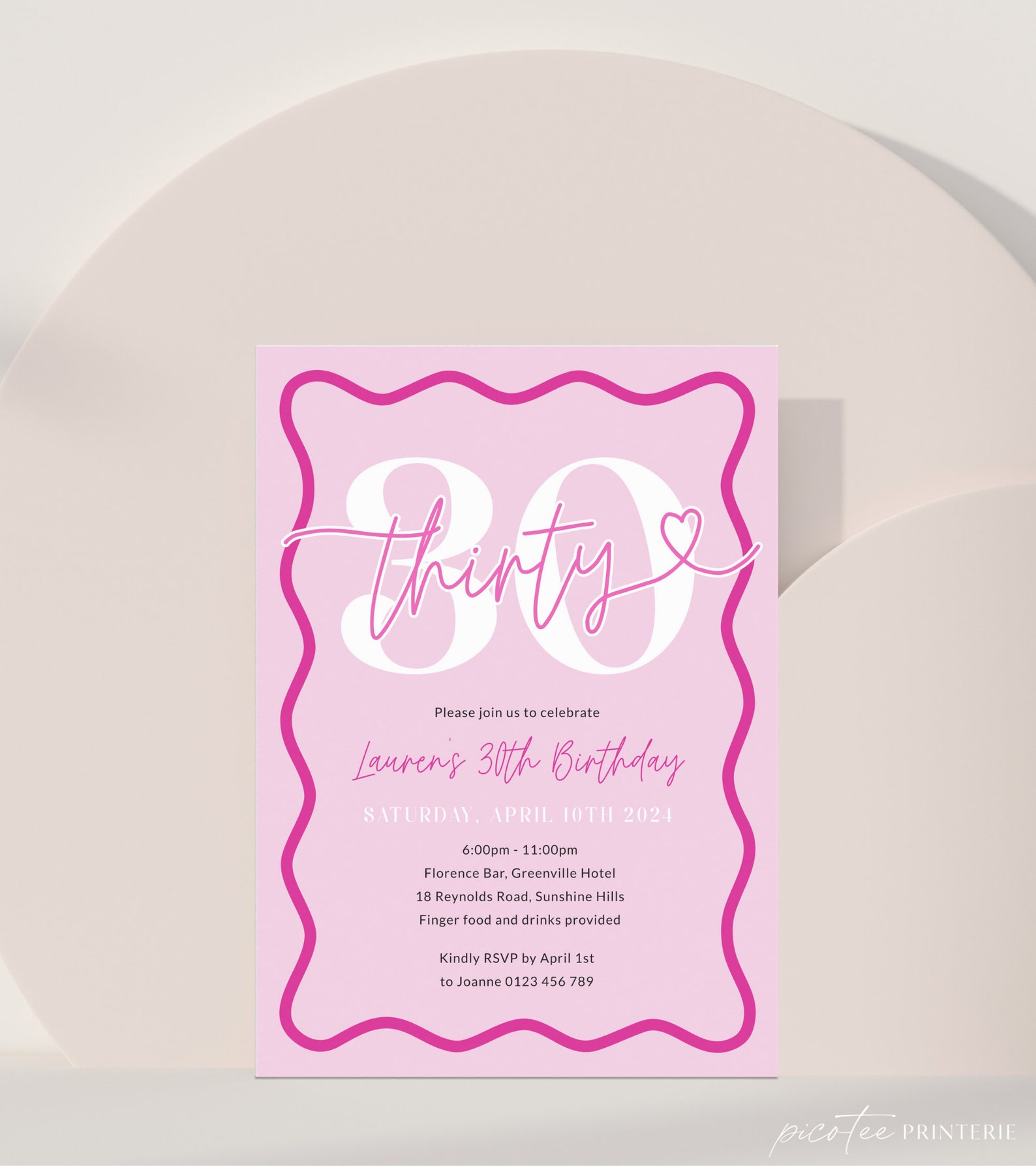 Pink Wavy Border Invite 30th Birthday for Her, Modern Scalloped Party ...