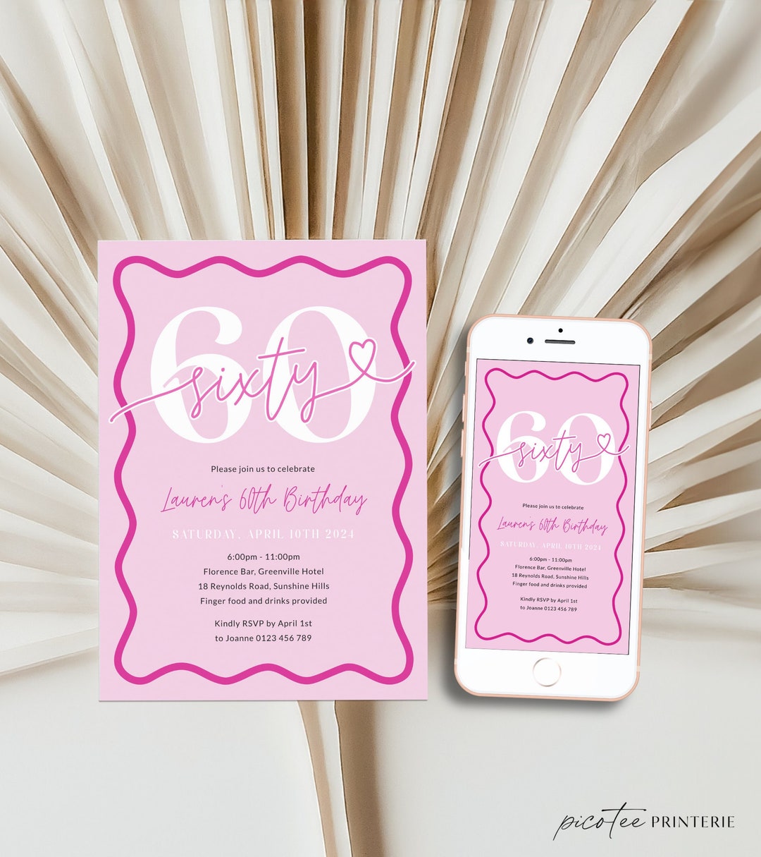 Pink Wavy Border 60th Birthday Invitation Women, Modern Scalloped 60th ...