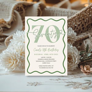 May include: A cream-colored invitation with a green wavy border and the word "Seventy" in a large, elegant font. The invitation is for Carol's 70th birthday, with event details including date, time, and location.