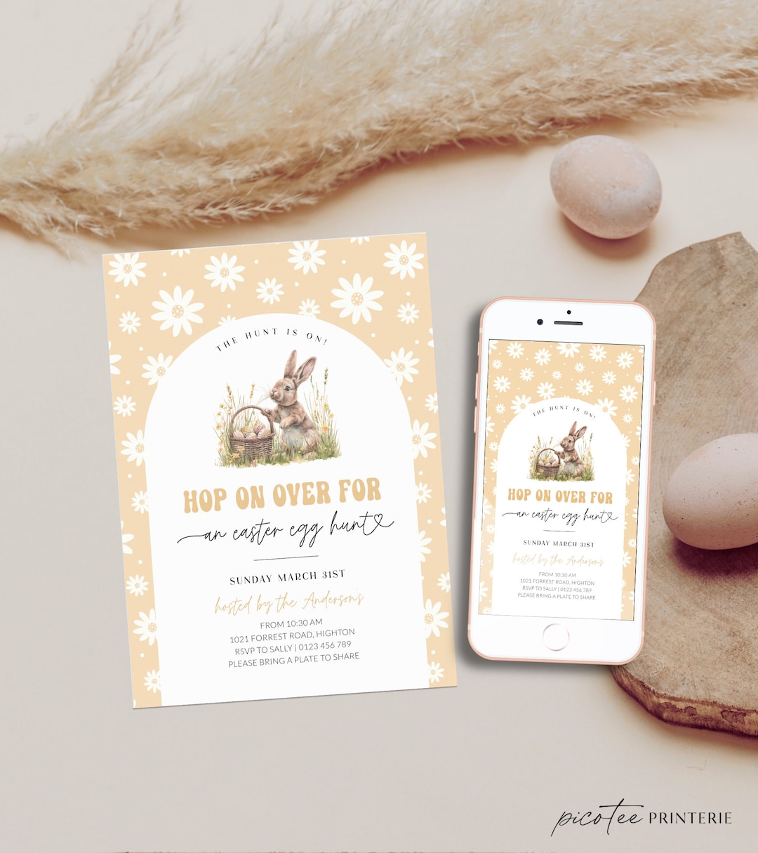 Hop on Over Easter Egg Hunt Invitation Printable, Pastel Yellow Easter ...