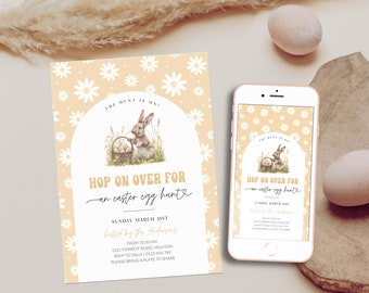 Hop On Over Easter Egg Hunt Invitation Printable, Pastel Yellow Easter Celebration Invite, Easter Bunny Digital, Spring Flowers, Corjl PP82