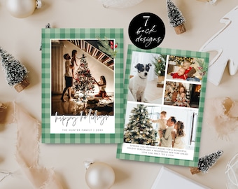 Holidays Photo Card Printable Gingham, Plaid Photo Christmas Card Template, Editable Rustic Happy Holidays, Family Collage, Green Corjl PP78