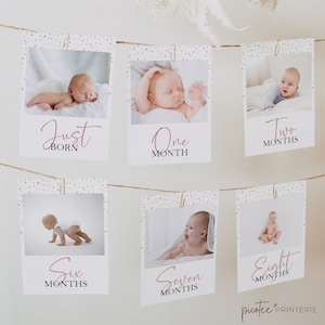 1st Birthday Photo Banner, First Birthday Monthly Milestone Cards, Instant Download, Pink Rose Gold Balloon, Party Decor, Corjl PP029