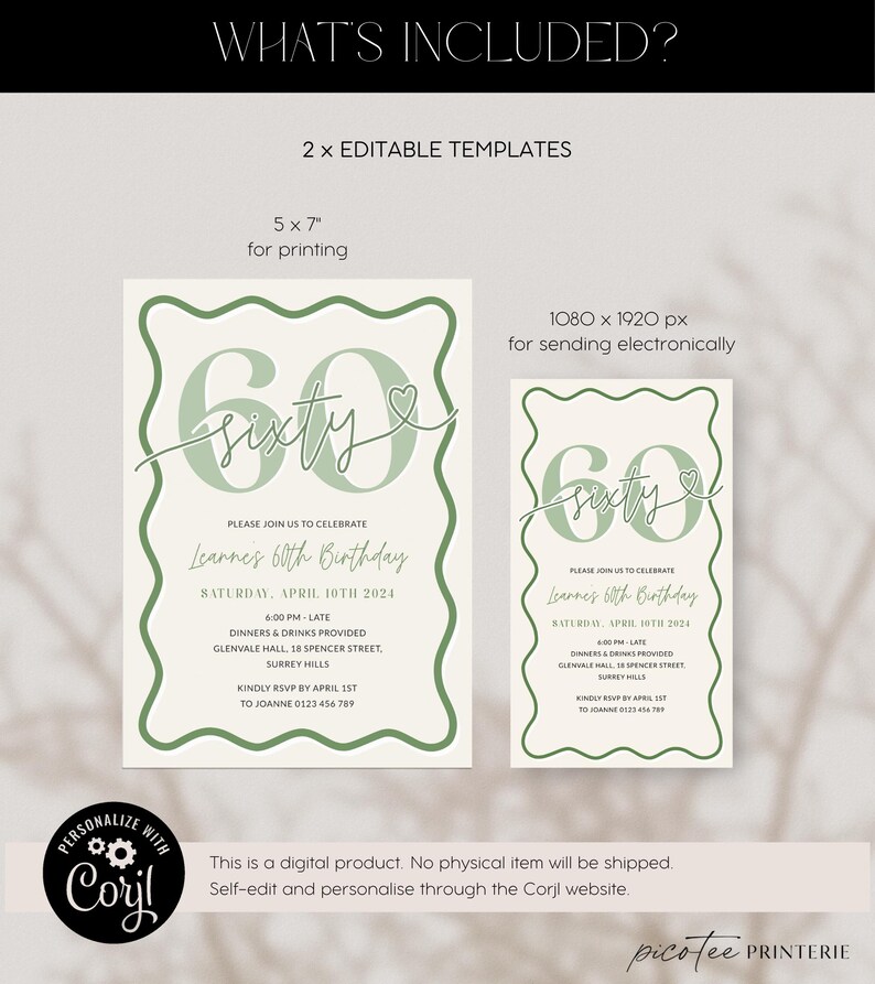 Wavy Border 60th Birthday Invitation Women, Sage Green Scalloped 60 ...