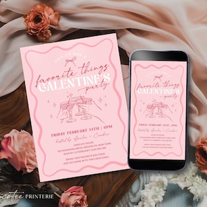 Galentine&#39;s Favorite Things Party Invitation Template, Coquette Wavy Valentine&#39;s Day Girls Night Invite Gift Exchange Printable, Corjl PP95