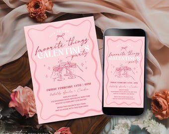 Galentine's Favorite Things Party Invitation Template, Coquette Wavy Valentine's Day Girls Night Invite Gift Exchange Printable, Corjl PP95