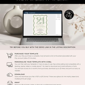 Peut inclure: Un &eacute;cran d'ordinateur portable affichant un mod&egrave;le d'invitation vert et blanc pour une f&ecirc;te d'anniversaire de 21 ans. Le mod&egrave;le est con&ccedil;u avec un th&egrave;me botanique feuillu et pr&eacute;sente le texte "Twenty One" dans une police d'&eacute;criture cursive. Le texte "Comment &ccedil;a marche ?" est affich&eacute; au-dessus de l'&eacute;cran de l'ordinateur portable, ainsi que des instructions sur la fa&ccedil;on d'acheter, de personnaliser, de t&eacute;l&eacute;charger et d'imprimer le mod&egrave;le.