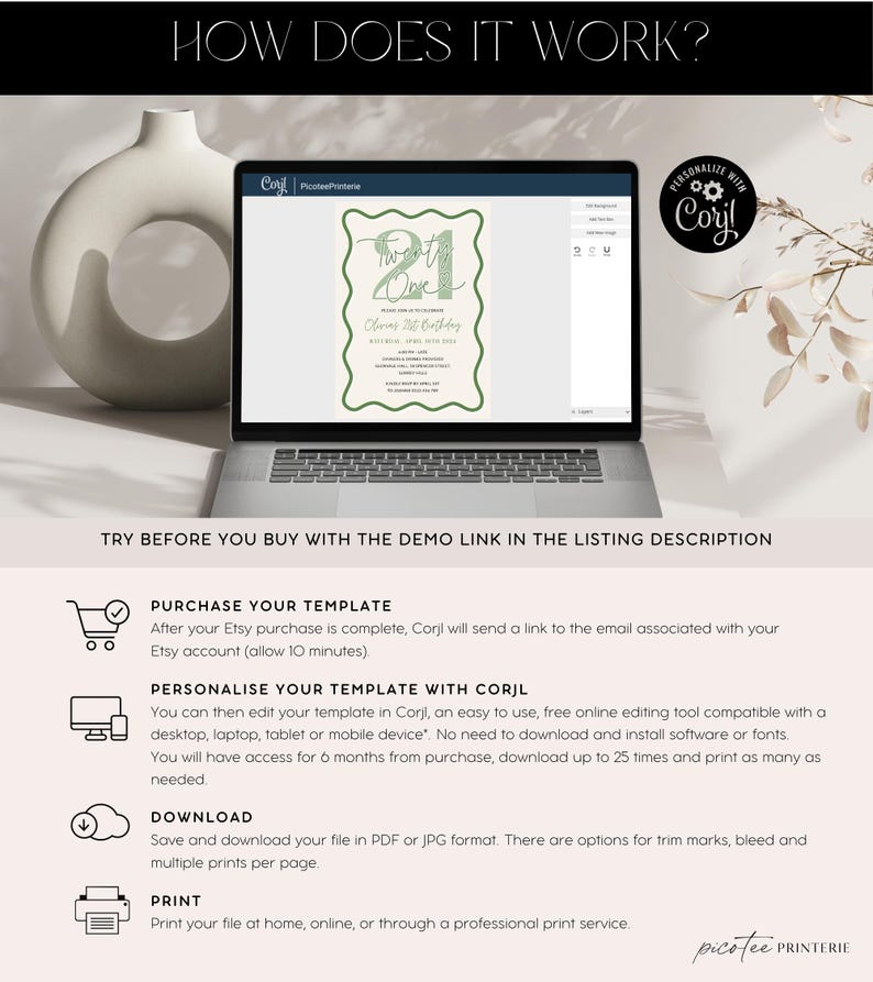 Peut inclure: Un &eacute;cran d'ordinateur portable affichant un mod&egrave;le d'invitation vert et blanc pour une f&ecirc;te d'anniversaire de 21 ans. Le mod&egrave;le est con&ccedil;u avec un th&egrave;me botanique feuillu et pr&eacute;sente le texte "Twenty One" dans une police d'&eacute;criture cursive. Le texte "Comment &ccedil;a marche ?" est affich&eacute; au-dessus de l'&eacute;cran de l'ordinateur portable, ainsi que des instructions sur la fa&ccedil;on d'acheter, de personnaliser, de t&eacute;l&eacute;charger et d'imprimer le mod&egrave;le.
