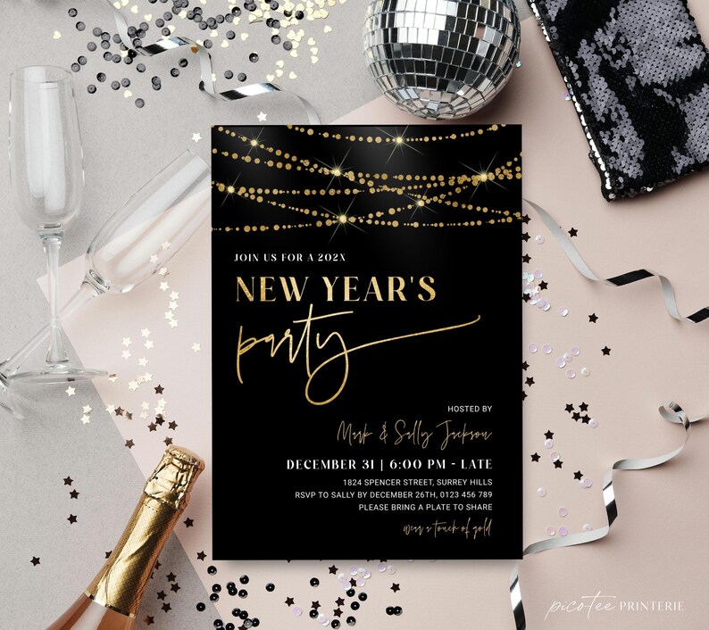 New Years Eve Invitation Template for 2026, Gold Lights NYE Party Invite, Digital and Printable Holiday Celebration Download, Editable Corjl image 3