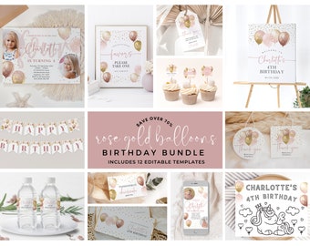 Pink and Rose Gold Balloon Theme Birthday Bundle, Girls Invitation Party Pack, Editable Party Decor, Corjl Instant Download, PP029