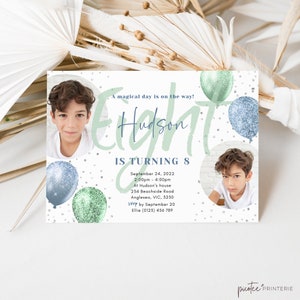 8th Birthday Party Invitation with Photo, Boys Eighth Birthday Editable Invite, Blue Green Balloon, Instant Download Template, Corjl PP32