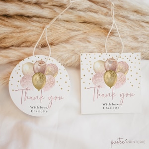 Square & Circle Party Favor Gift Tags, Pink and Rose Gold Balloon, Editable Printable Instant, Thank You Tag, Thanks Tag, Favour Corjl PP029