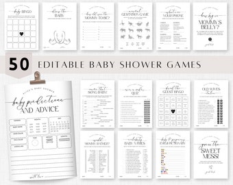 May include: A set of 50 printable baby shower games. The games are black and white and feature a variety of themes, including baby bingo, guess the song, and old wives' tales. The games are editable and can be personalized with the names of the parents-to-be.