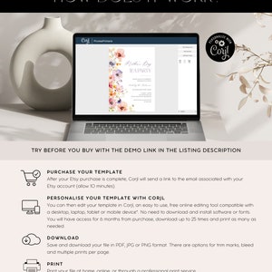 May include: A laptop screen displaying a floral invitation template for a Mother's Day tea party. The template is being edited using the Corjl online editing tool. The text on the screen reads "Mother's Day Tea Party".
