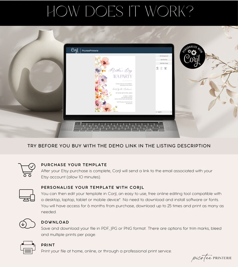 May include: A laptop screen displaying a floral invitation template for a Mother's Day tea party. The template is being edited using the Corjl online editing tool. The text on the screen reads "Mother's Day Tea Party".