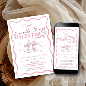 Galentine&#39;s Favorite Things Party Invitation Wavy Template, Coquette Valentine&#39;s Day Girls Night Invite Gift Exchange Printable, Corjl PP95