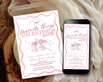 Galentine's Favorite Things Party Invitation Wavy Template, Coquette Valentine's Day Girls Night Invite Gift Exchange Printable, Corjl PP95