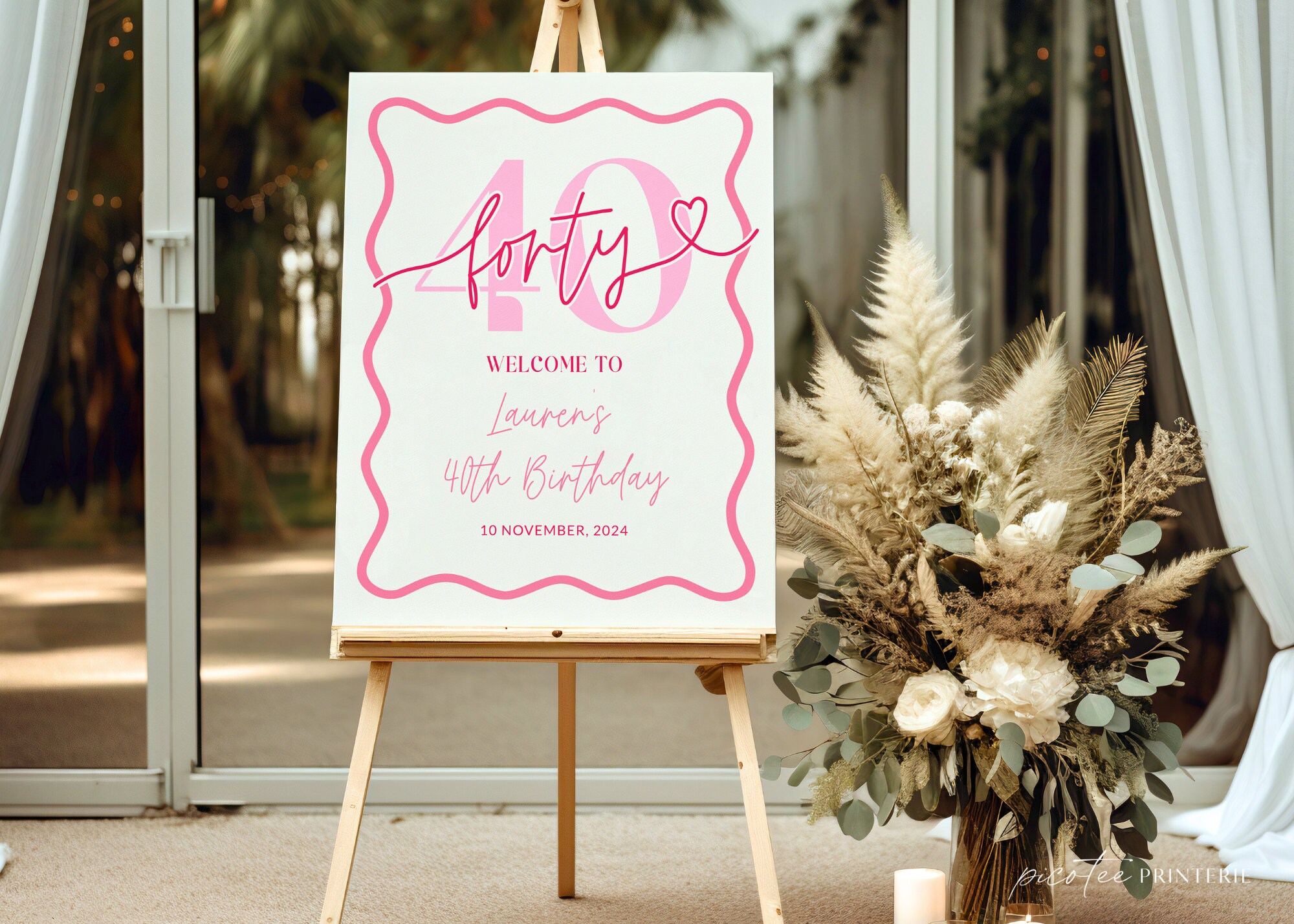 Pink Wavy Border Welcome Sign 40th Birthday for Her, Scalloped 40th ...